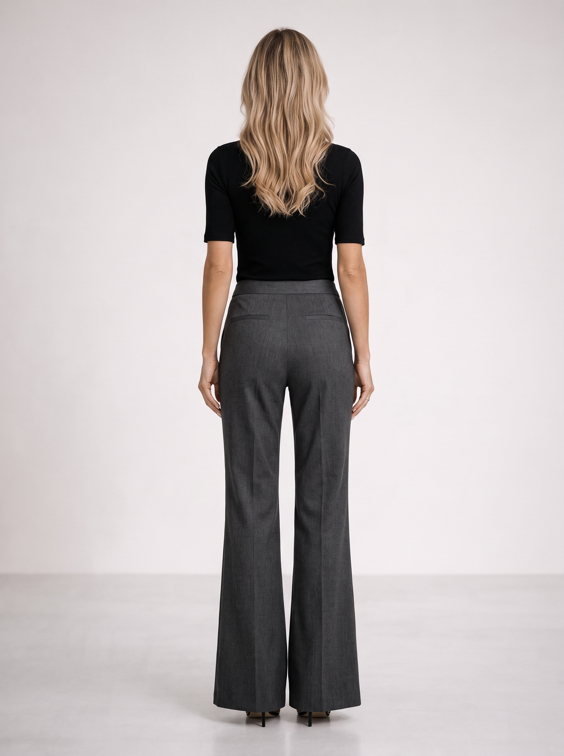 Women's Wool Blend Flare Trousers in Dark Grey – back view