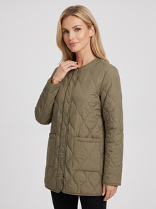 Women's Collarless Quilted Jacket in Khaki – three-quarter view