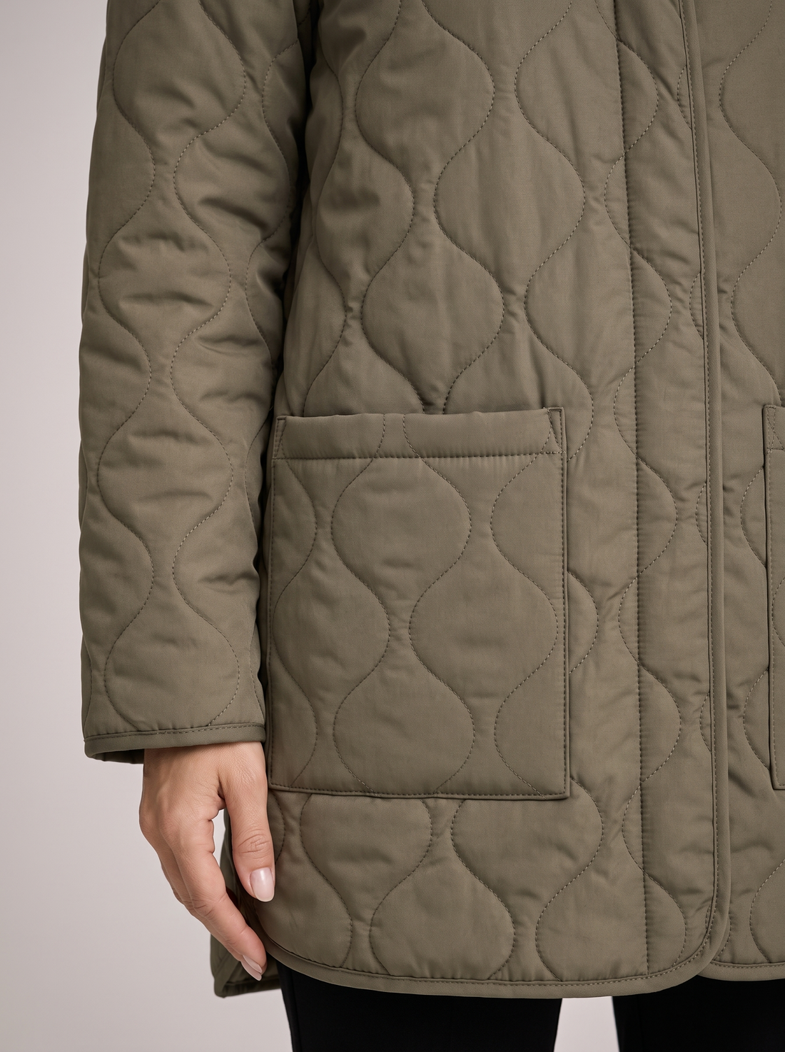 Women's Collarless Quilted Jacket in Khaki – close-up