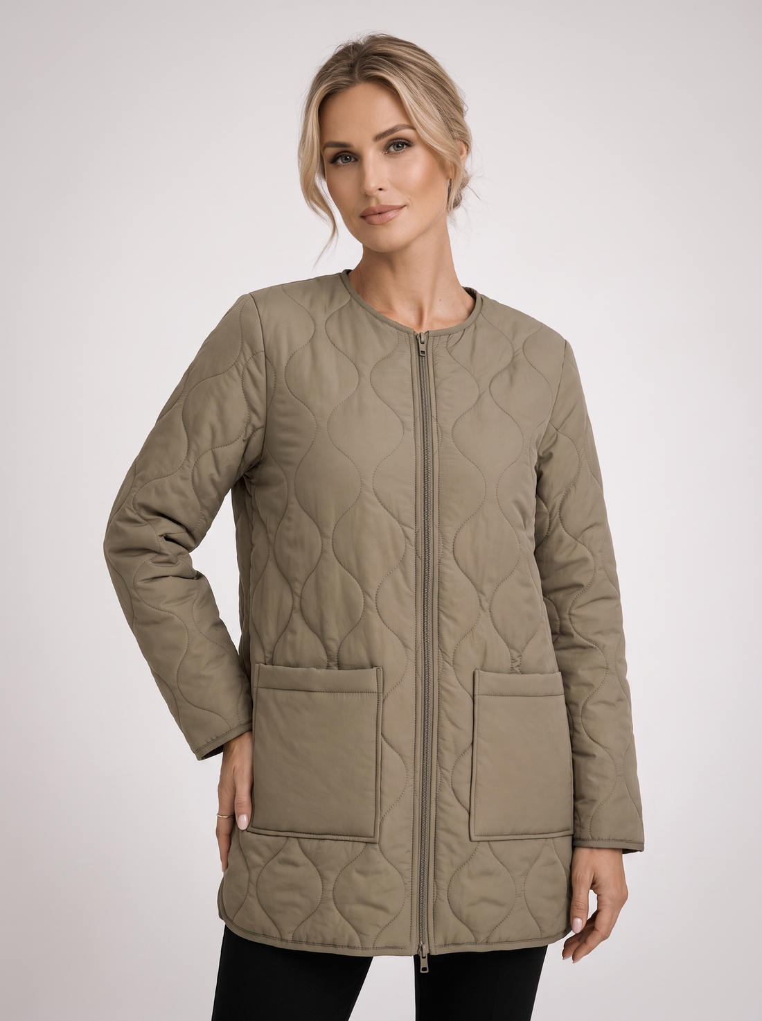 Women's Collarless Quilted Jacket in Khaki – front view