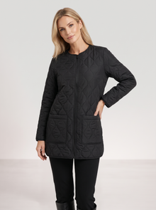 Women's Collarless Quilted Jacket in Black – front view