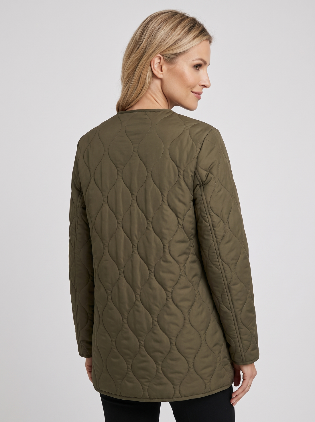 Women's Collarless Quilted Jacket in Khaki – back view
