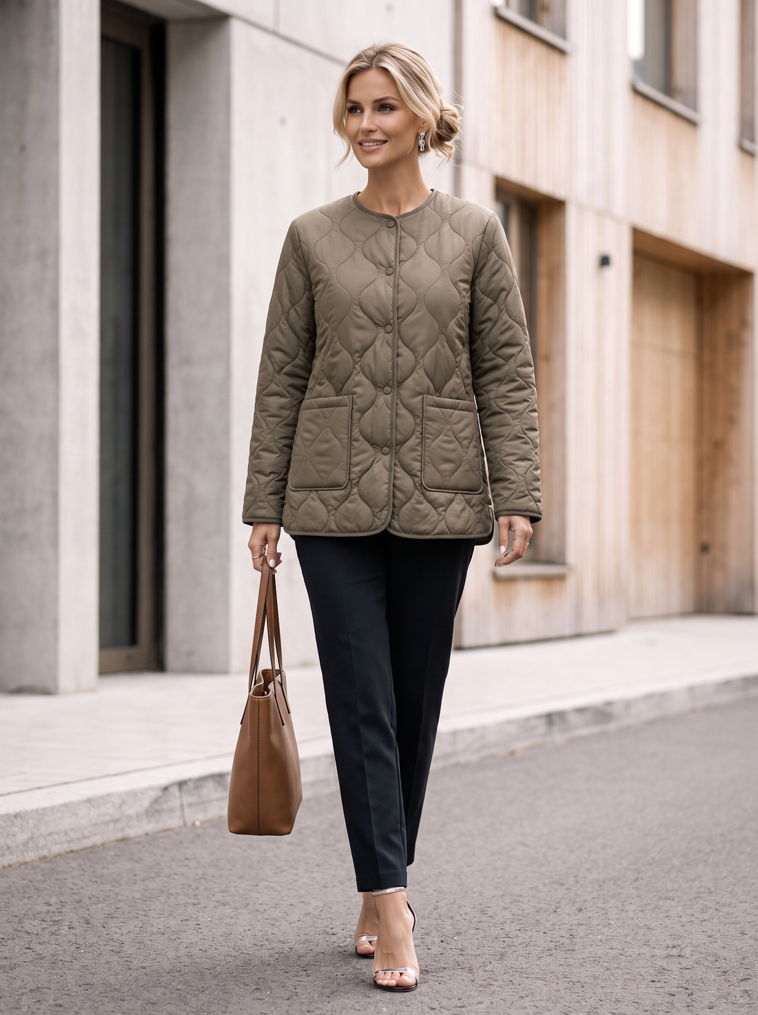 Women's Collarless Quilted Jacket in Khaki – lifestyle shot