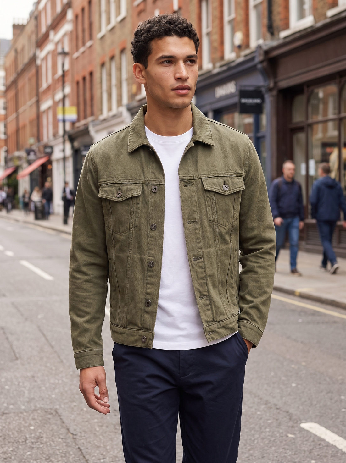 Men's Classic Denim Trucker Jacket in Green – lifestyle shot