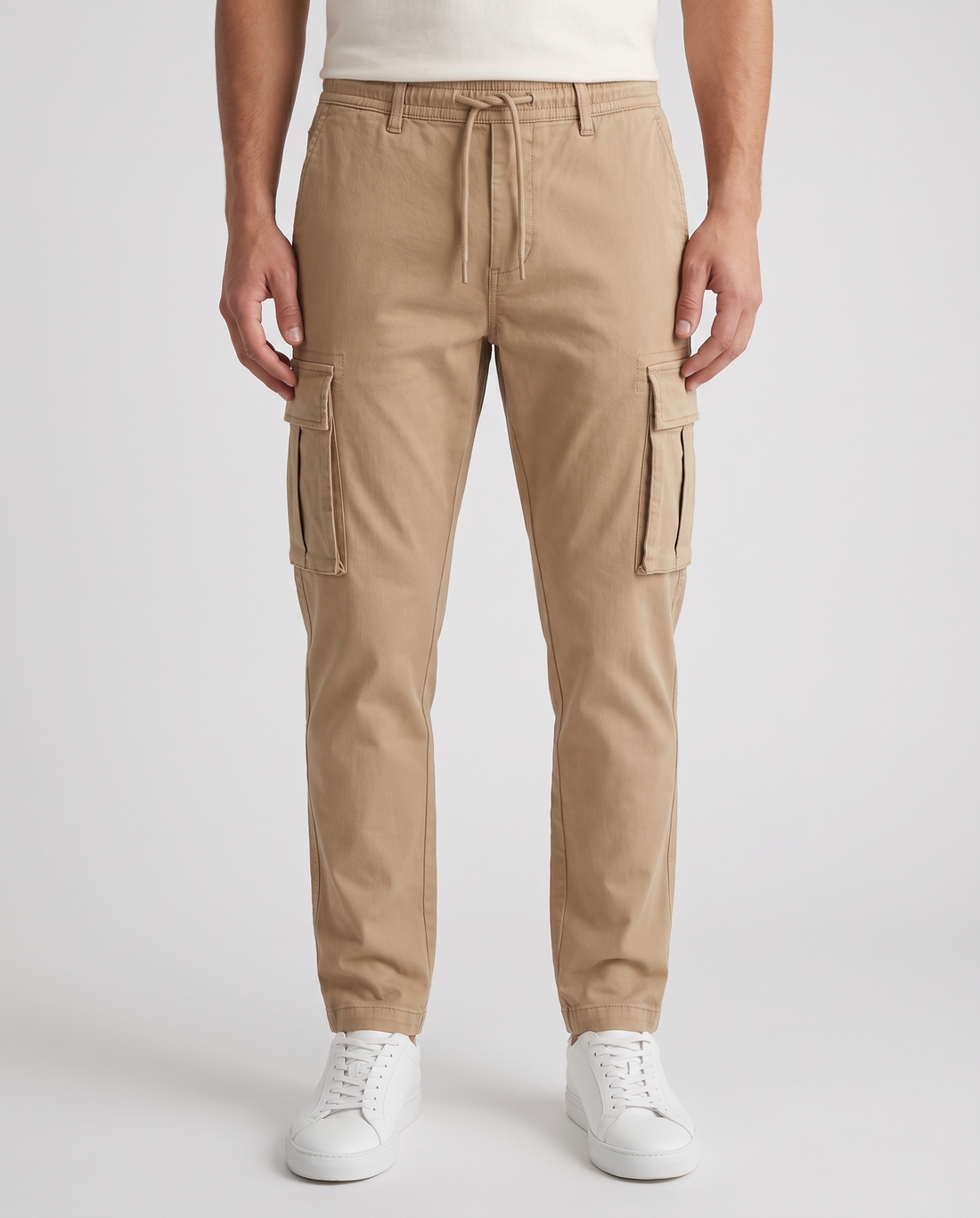 Men's Stretch Cotton Cargo Joggers in Desert Sand – front view