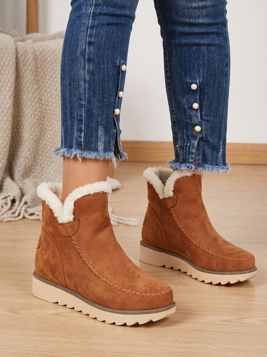 Women's Faux Fur Lined Ankle Boots in Brown