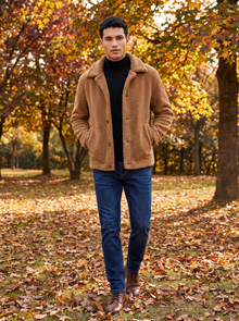 Men's Teddy Sherpa Jacket in Camel – lifestyle shot