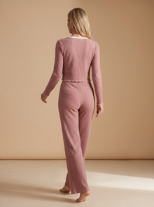 Women's Lace Trim Ribbed Pyjama Set in Dusty Rose – back view