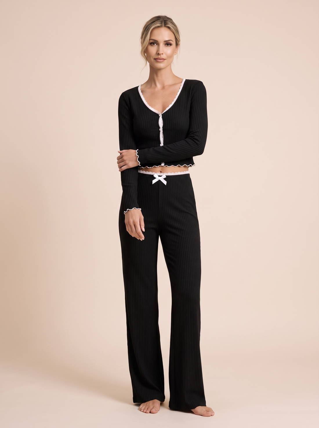 Women's Lace Trim Ribbed Pyjama Set in Black – front view