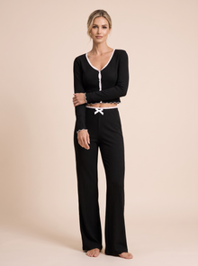 Women's Lace Trim Ribbed Pyjama Set in Black – front view
