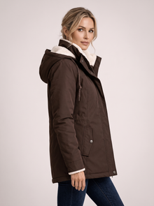 Women's Sherpa Lined Hooded Winter Jacket in Brown – front view