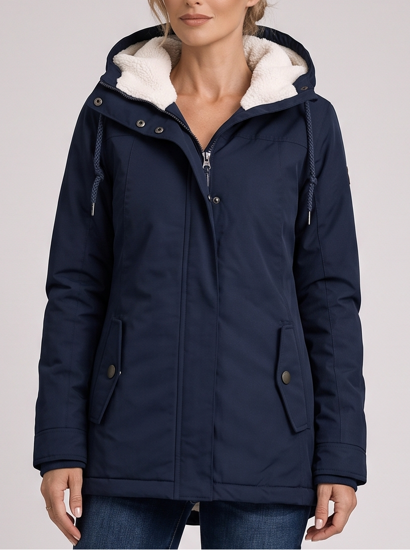 Women's Sherpa Lined Hooded Winter Jacket in Blue – front view