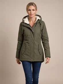 Women's Sherpa Lined Hooded Winter Jacket in Green – front view