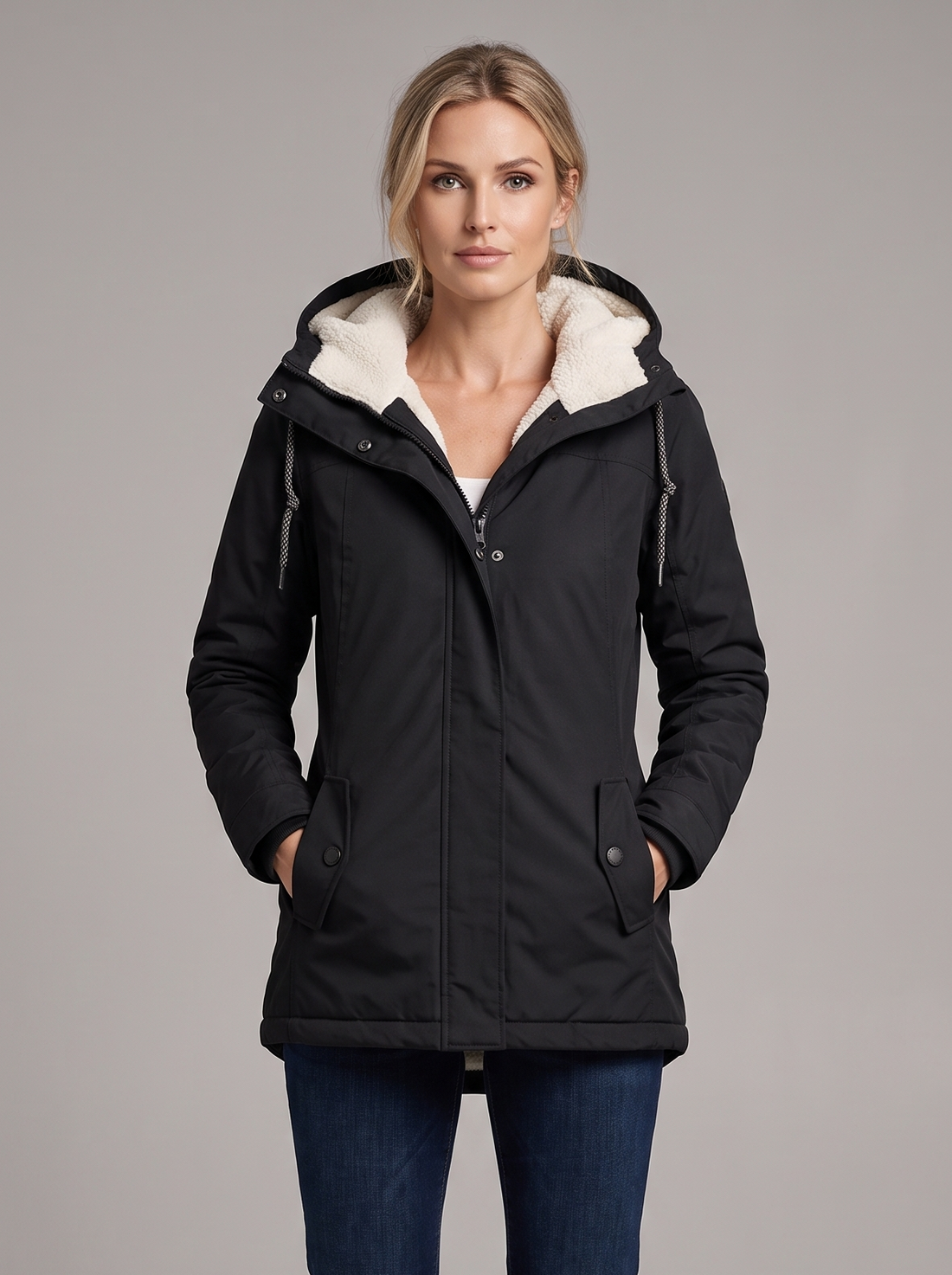 Women's Sherpa Lined Hooded Winter Jacket in Black – front view