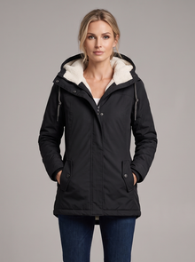 Women's Sherpa Lined Hooded Winter Jacket in Black – front view
