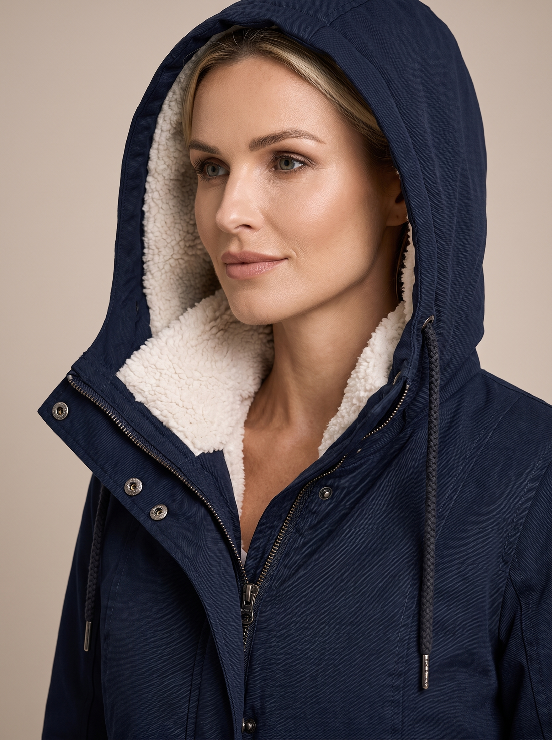 Women's Sherpa Lined Hooded Winter Jacket in Blue – close-up