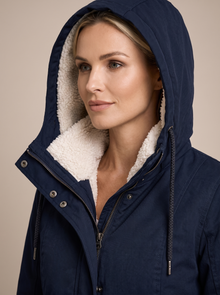 Women's Sherpa Lined Hooded Winter Jacket in Blue – close-up