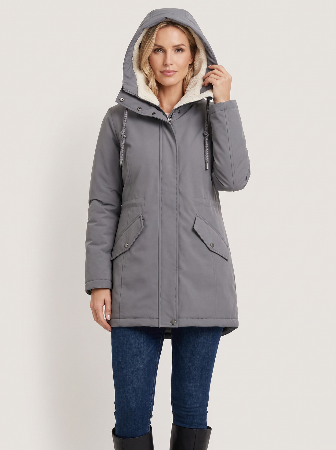 Women's Sherpa Lined Hooded Winter Jacket in Grey – front view