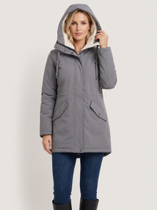 Women's Sherpa Lined Hooded Winter Jacket in Grey – front view