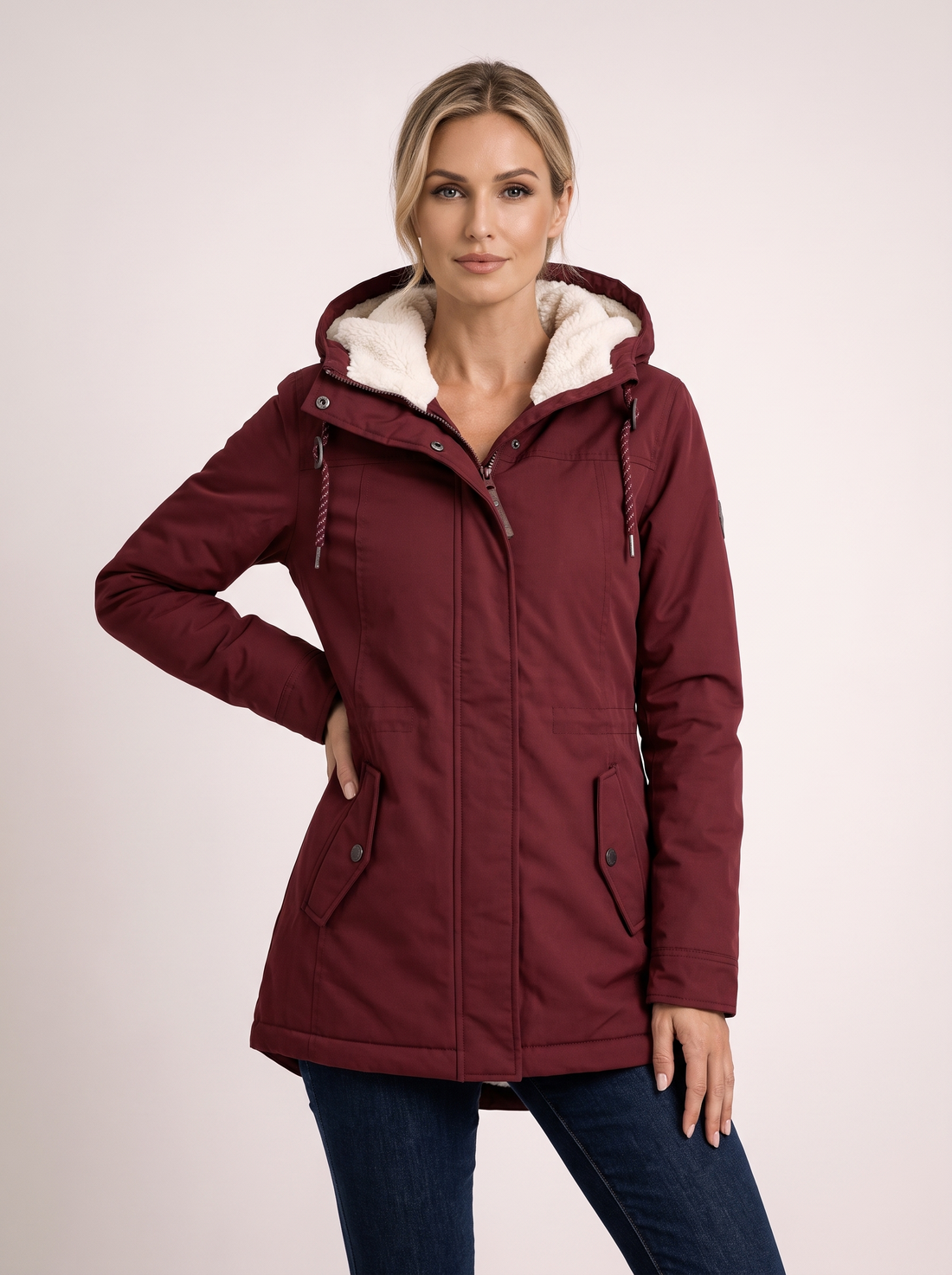 Women's Sherpa Lined Hooded Winter Jacket in Red – front view