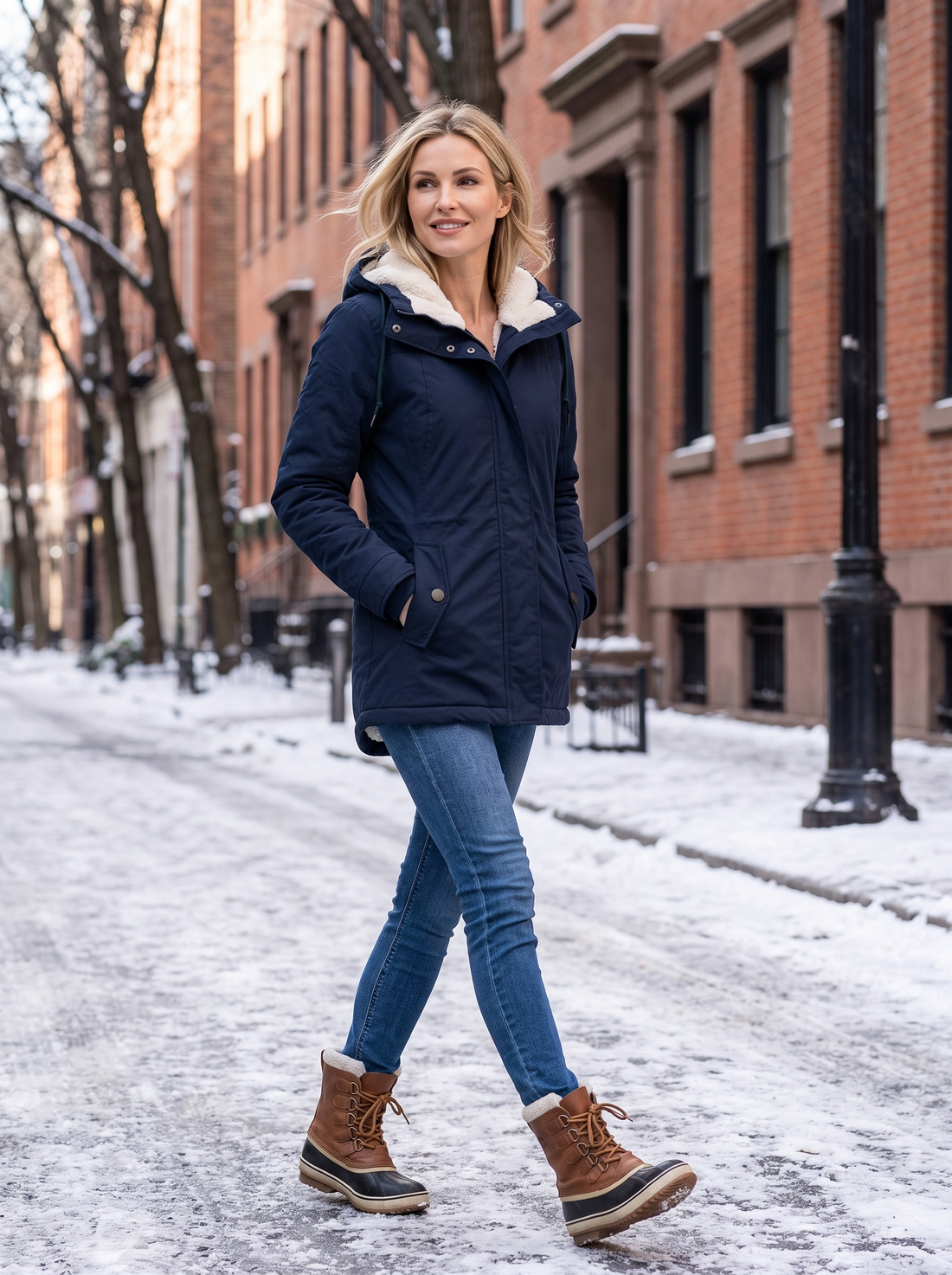 Women's Sherpa Lined Hooded Winter Jacket in Blue – lifestyle shot