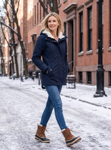 Women's Sherpa Lined Hooded Winter Jacket in Blue – lifestyle shot