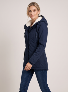Women's Sherpa Lined Hooded Winter Jacket in Blue – three-quarter view