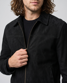 Men's Vintage Faux Suede Jacket in Black – close-up