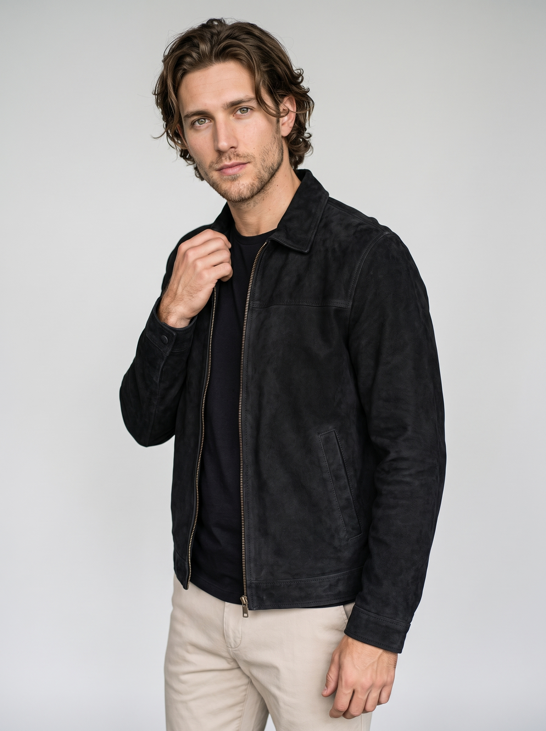 Men's Vintage Faux Suede Jacket in Black – front view