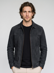 Men's Vintage Faux Suede Jacket in Black – front view
