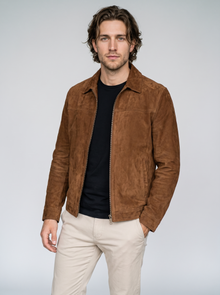 Men's Vintage Faux Suede Jacket in Brown – front view