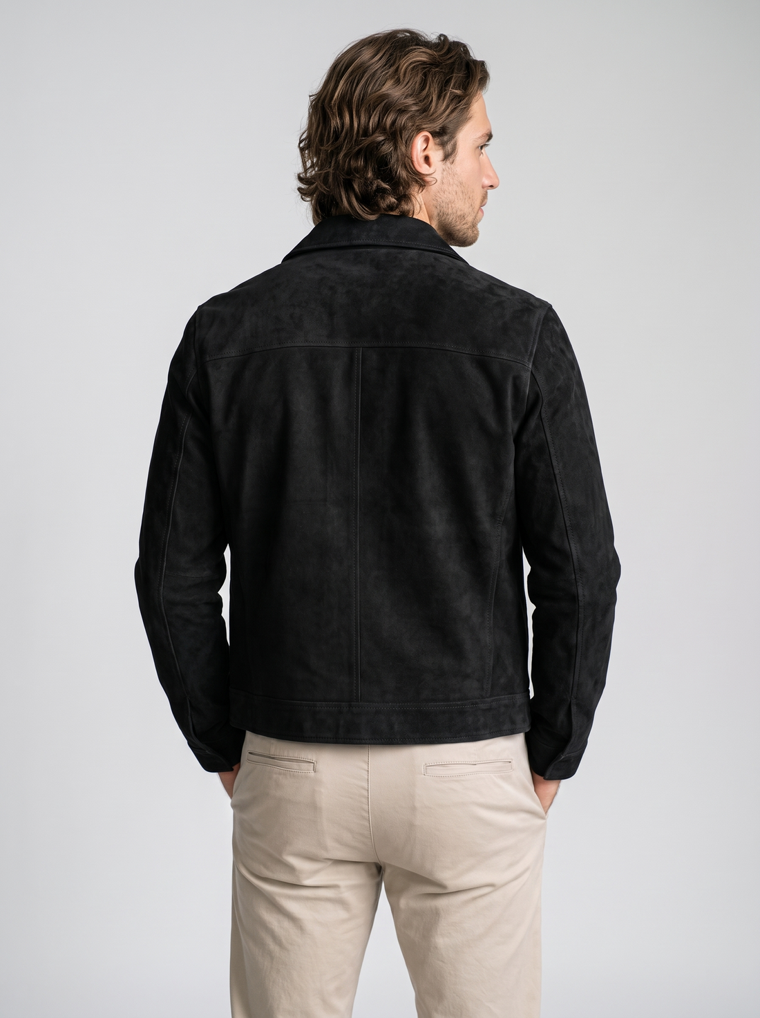 Men's Vintage Faux Suede Jacket in Black – back view