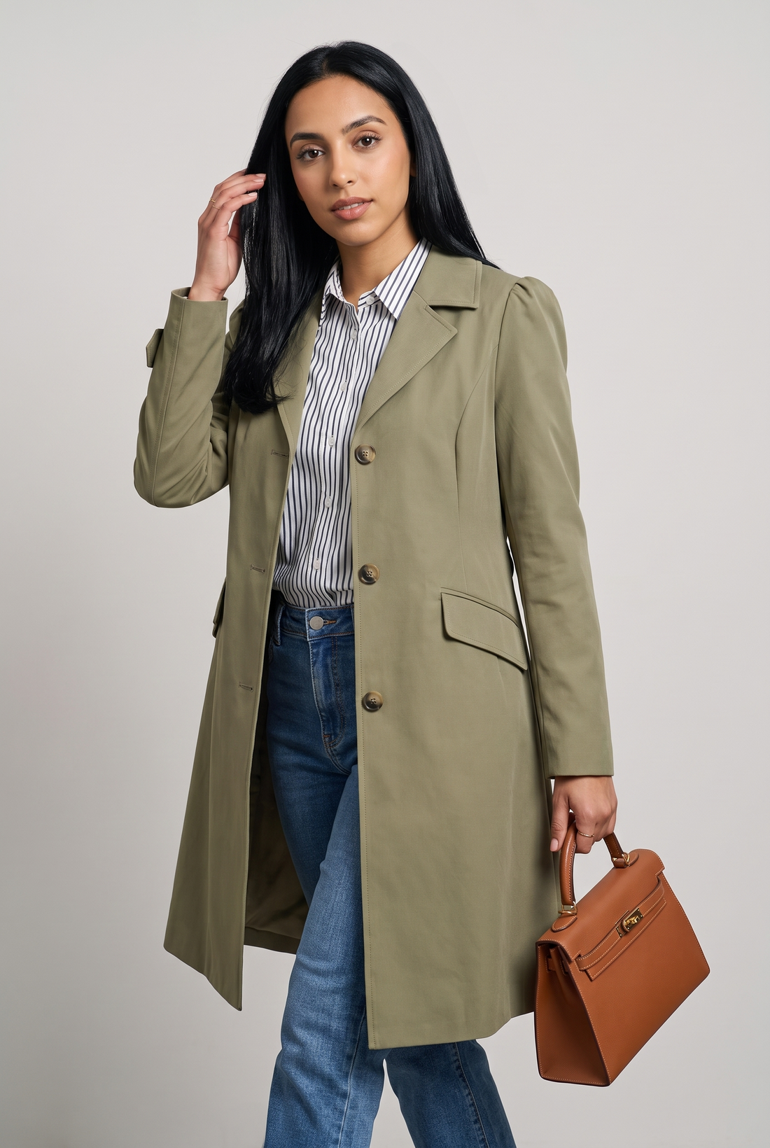 Women's Classic Longline Trench Coat in Green – three-quarter view
