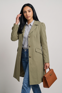 Women's Classic Longline Trench Coat in Green – three-quarter view