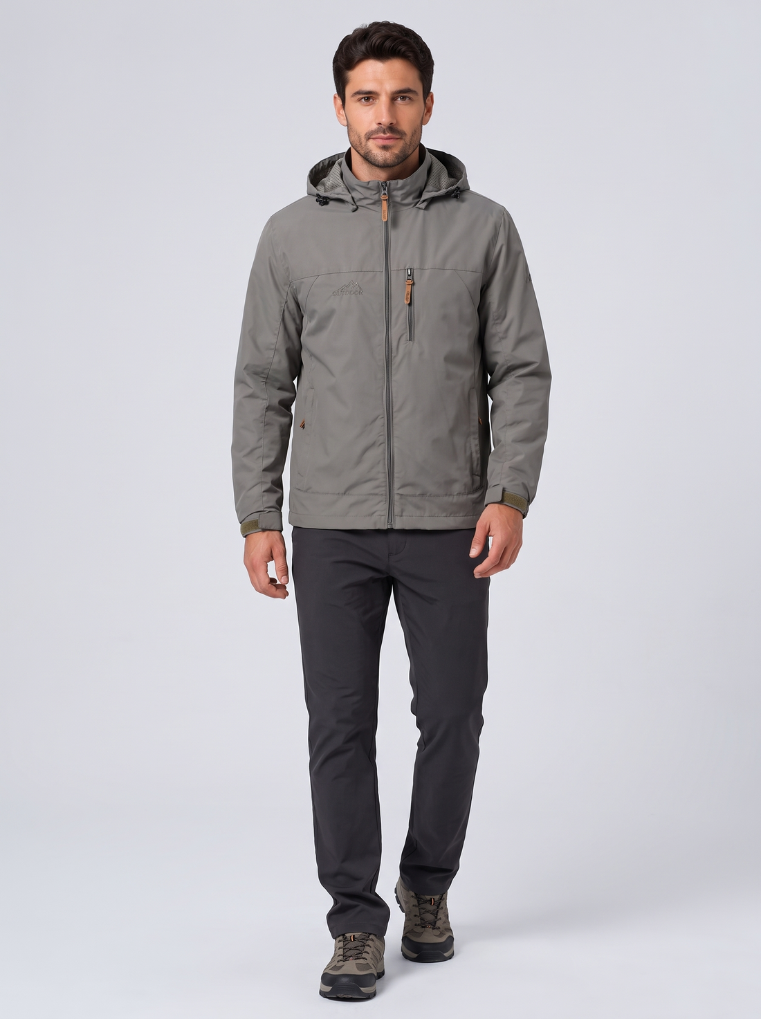 Men's Hooded Windbreaker Jacket in Grey – front view