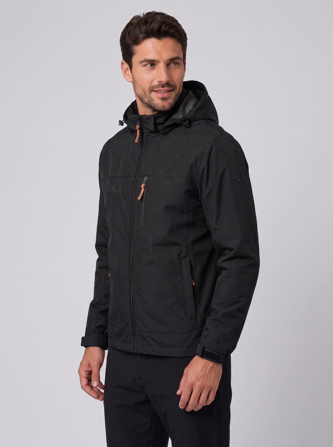 Men's Hooded Windbreaker Jacket in Black – front view