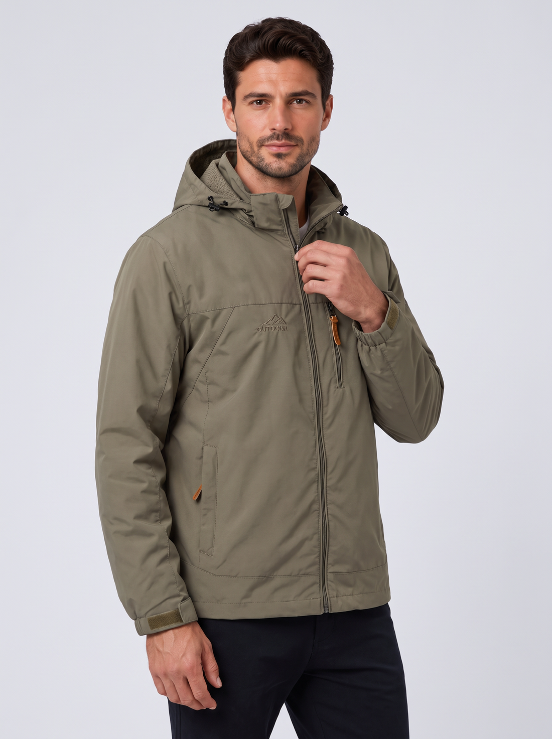 Men's Hooded Windbreaker Jacket in Khaki – front view
