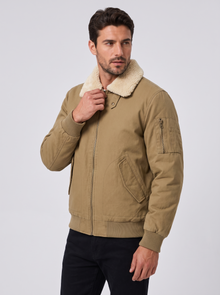 Men's Sherpa-Lined Bomber Jacket in Khaki – three-quarter view