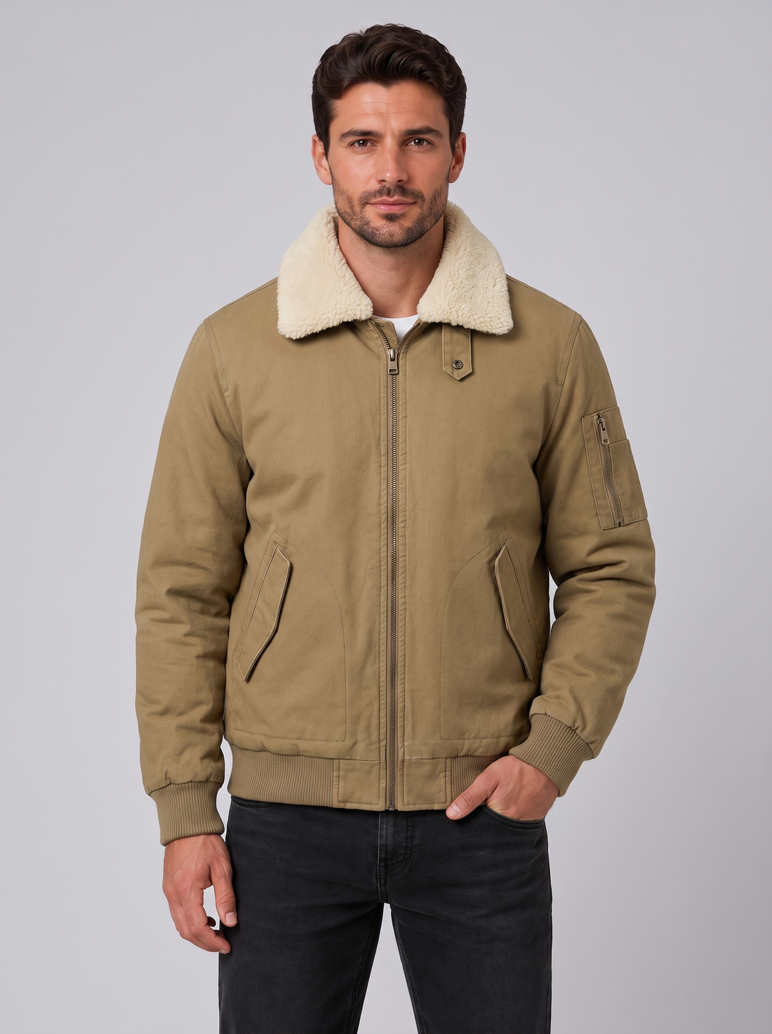 Men's Sherpa-Lined Bomber Jacket in Khaki – front view