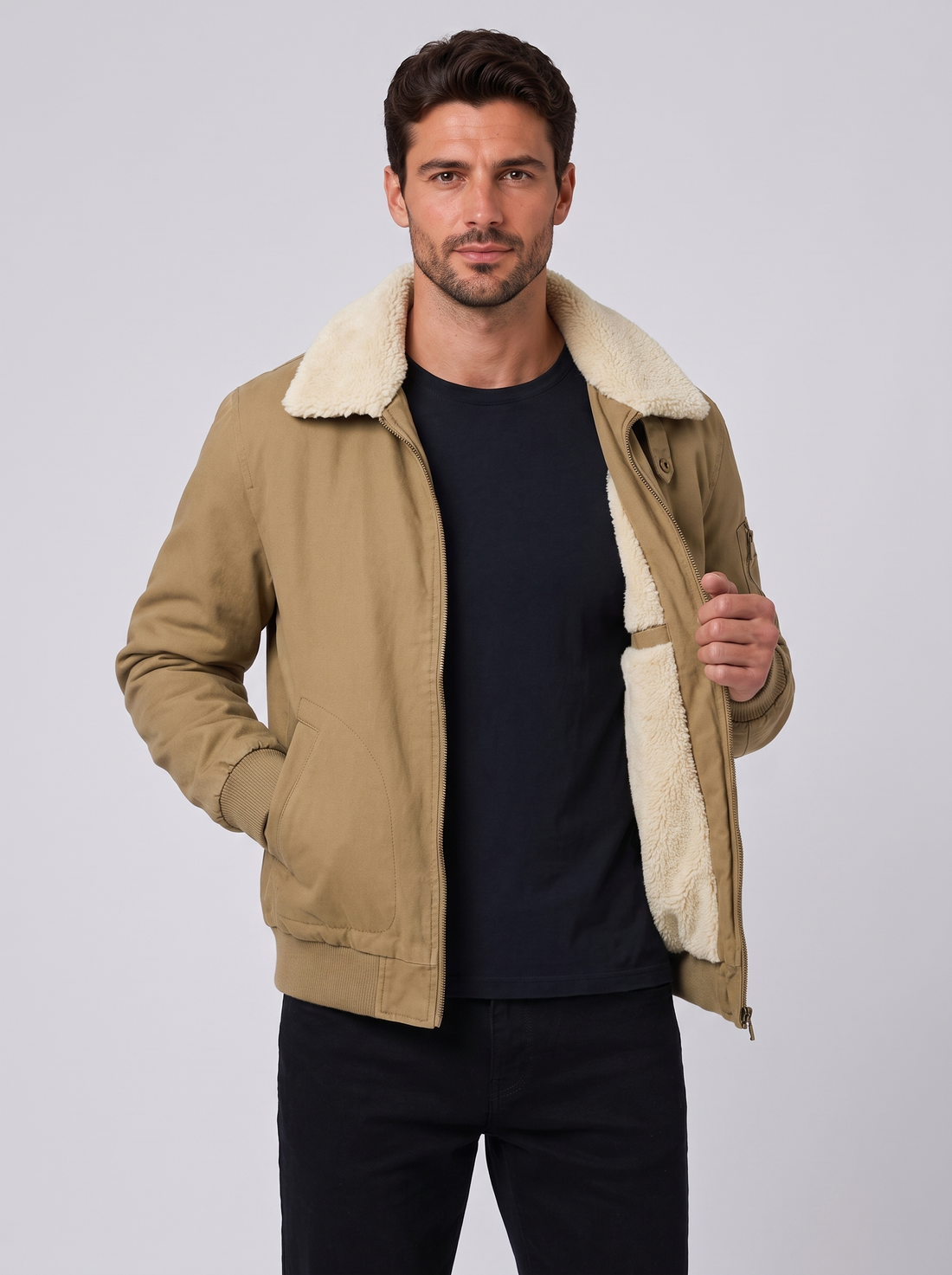 Men's Sherpa-Lined Bomber Jacket in Khaki – detail view