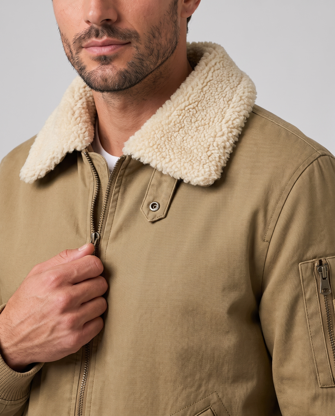 Men's Sherpa-Lined Bomber Jacket in Khaki – close-up