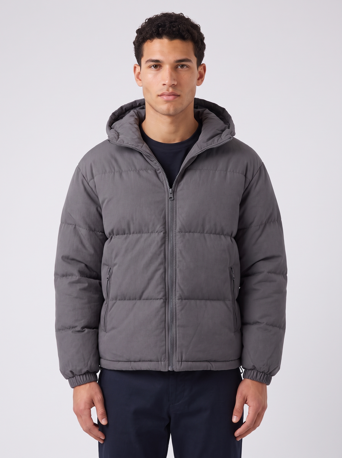 Unisex Oversized Hooded Puffer Jacket in Dark Grey – front view
