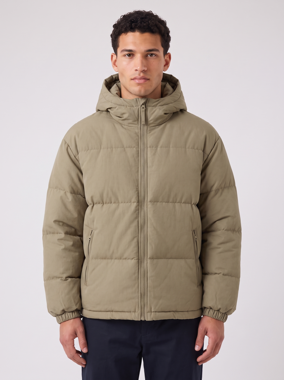 Unisex Oversized Hooded Puffer Jacket in Khaki – front view
