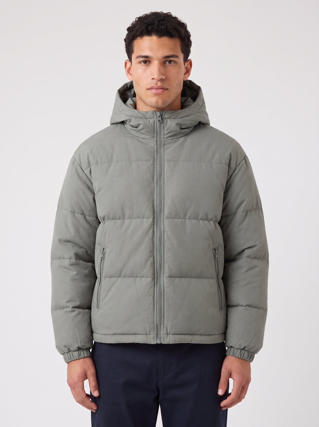 Unisex Oversized Hooded Puffer Jacket in Greyish Green – front view