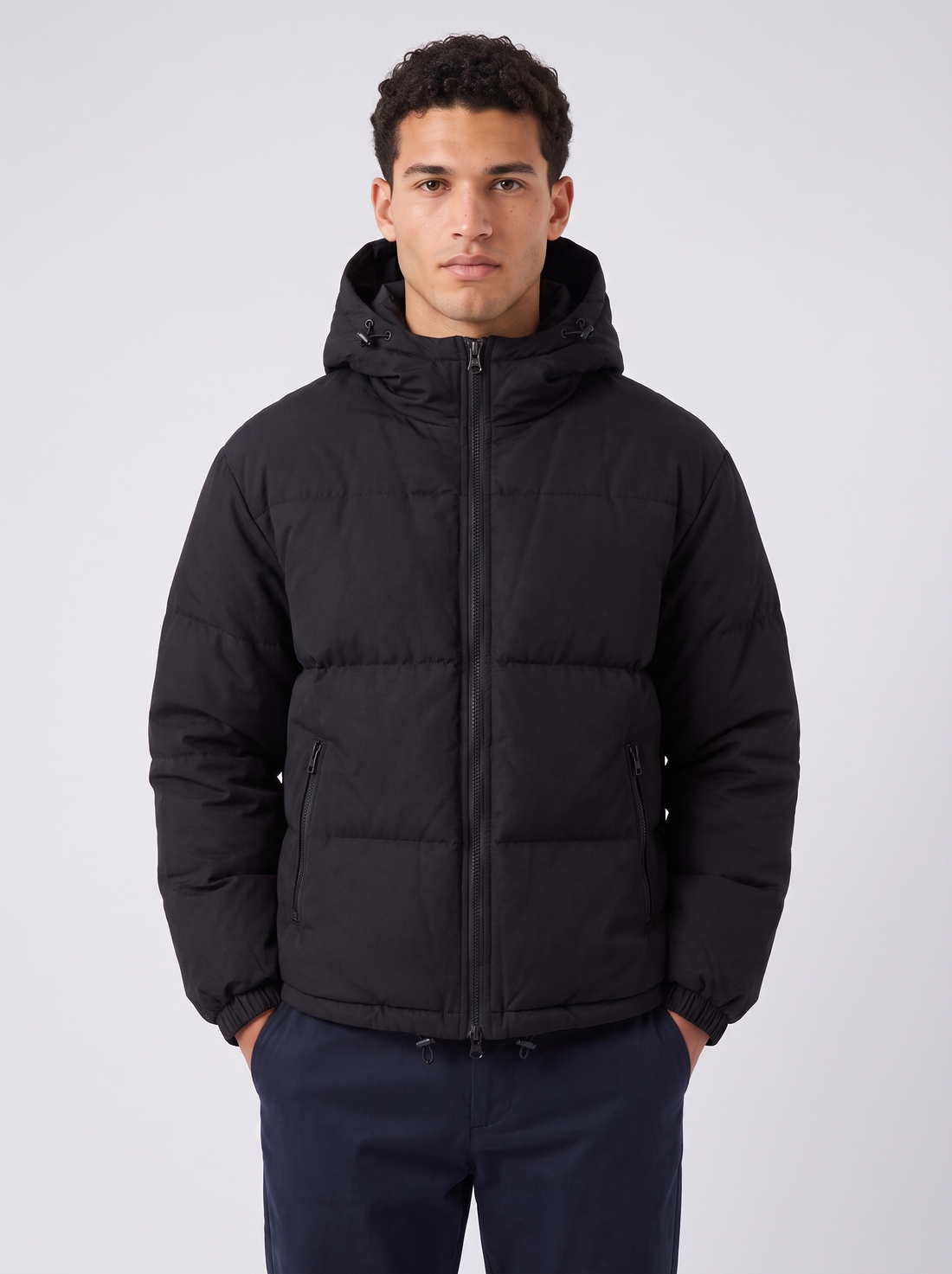 Unisex Oversized Hooded Puffer Jacket in Black – front view