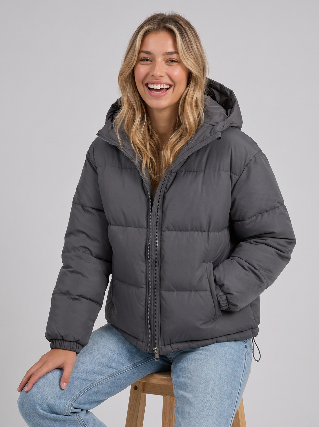 Unisex Oversized Hooded Puffer Jacket in Black – front view