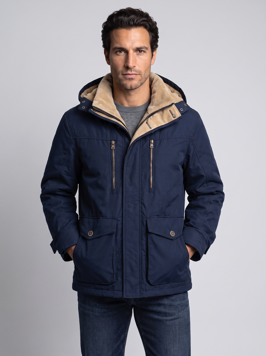 Men's Fleece Lined Hooded Winter Jacket in Blue – front view