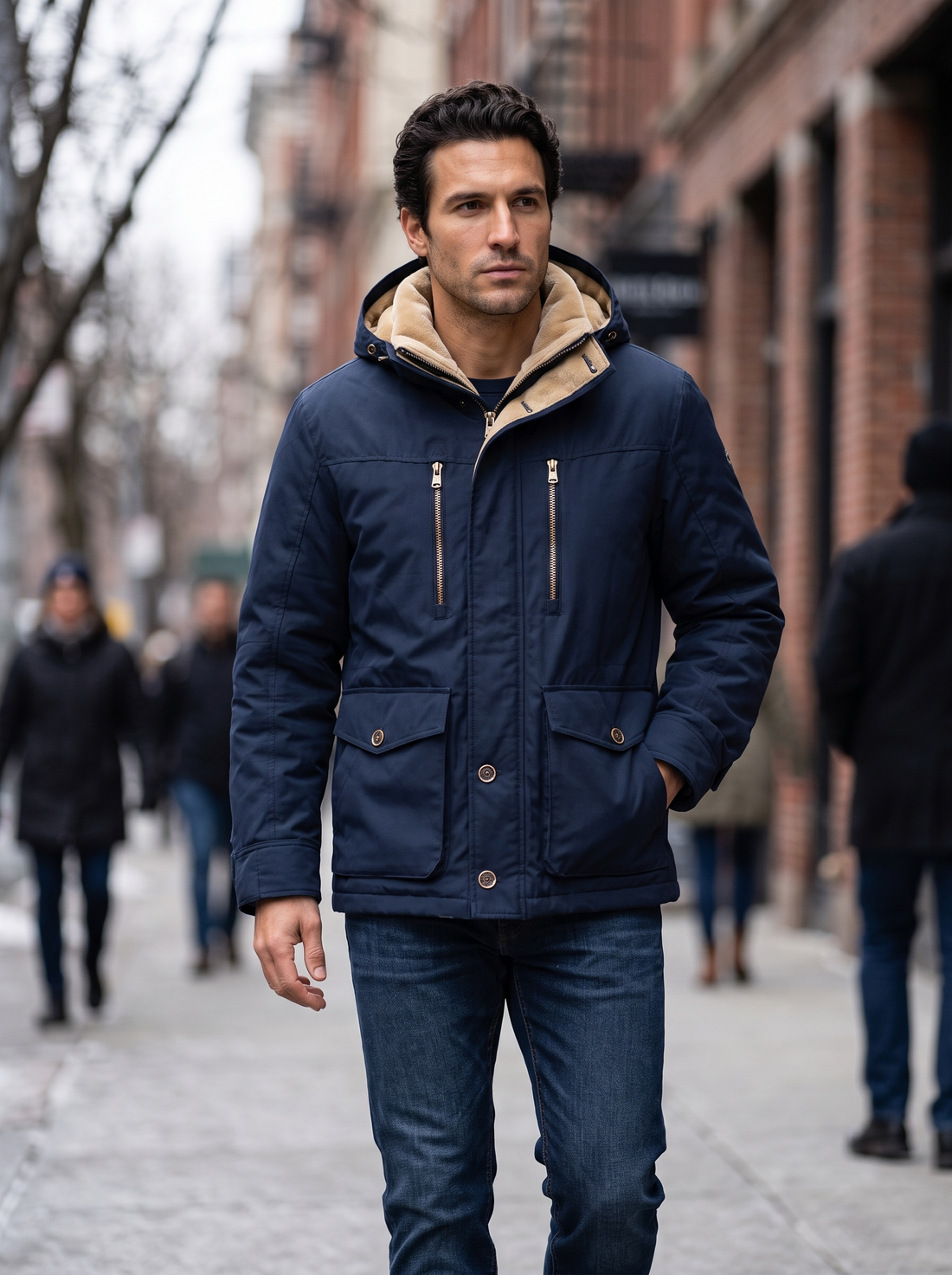 Men's Fleece Lined Hooded Winter Jacket in Blue – lifestyle shot