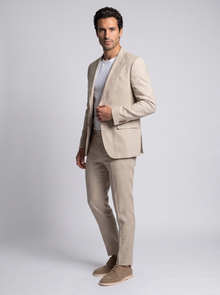 Men's Slim Fit Linen Look Two Piece Suit in Apricot – three-quarter view