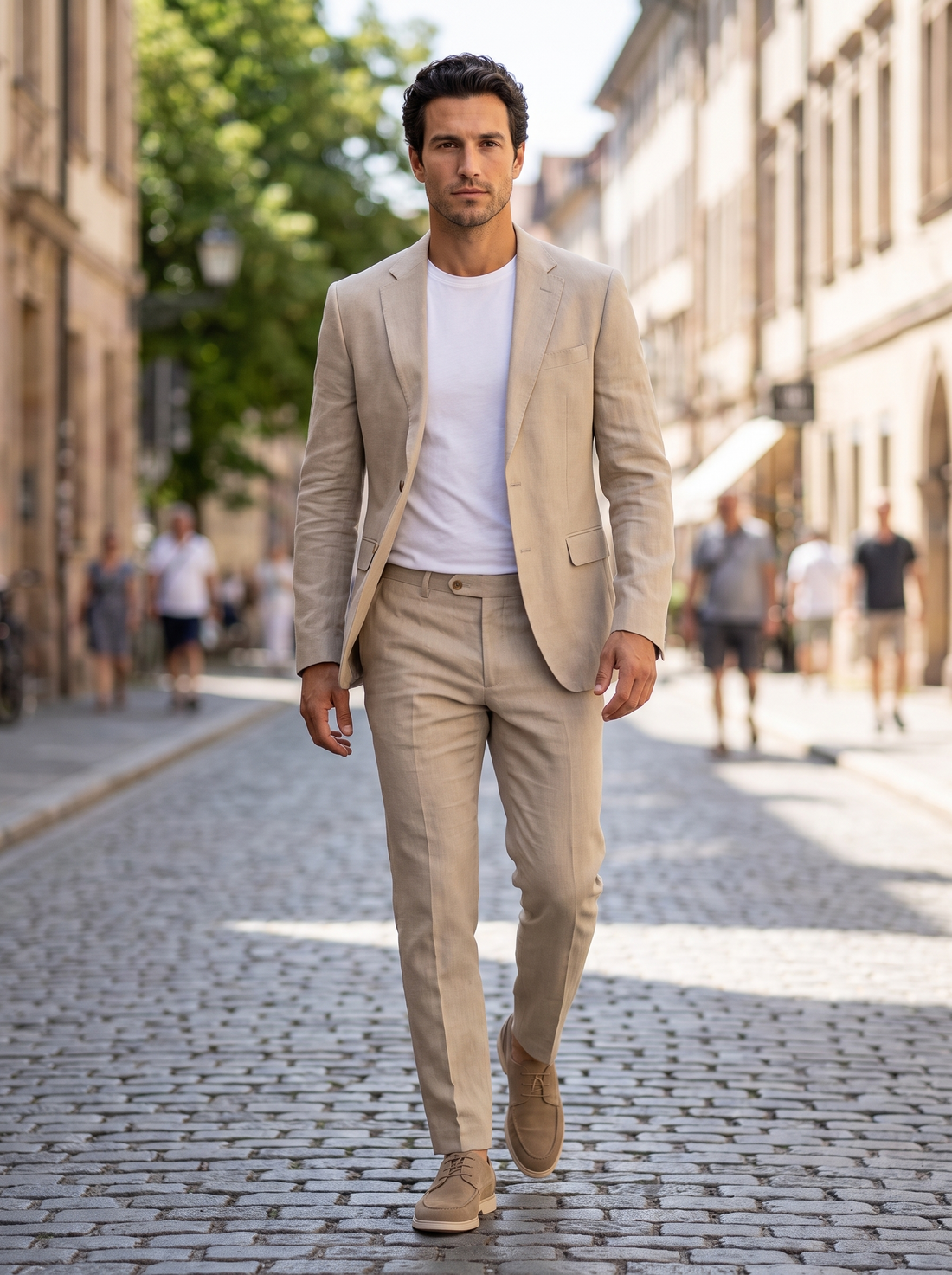 Men's Slim Fit Linen Look Two Piece Suit in Apricot – lifestyle shot
